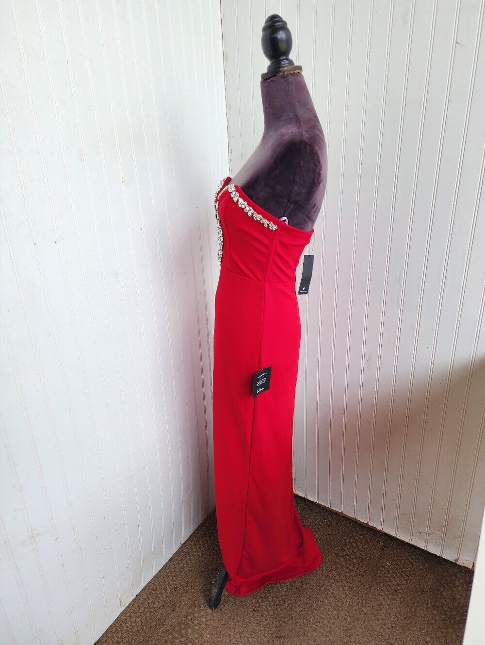 NWT Lulu's Sensational Luxury Red Rhinestone Cutout Strapless Maxi Dress Red S - Picture 6 of 16